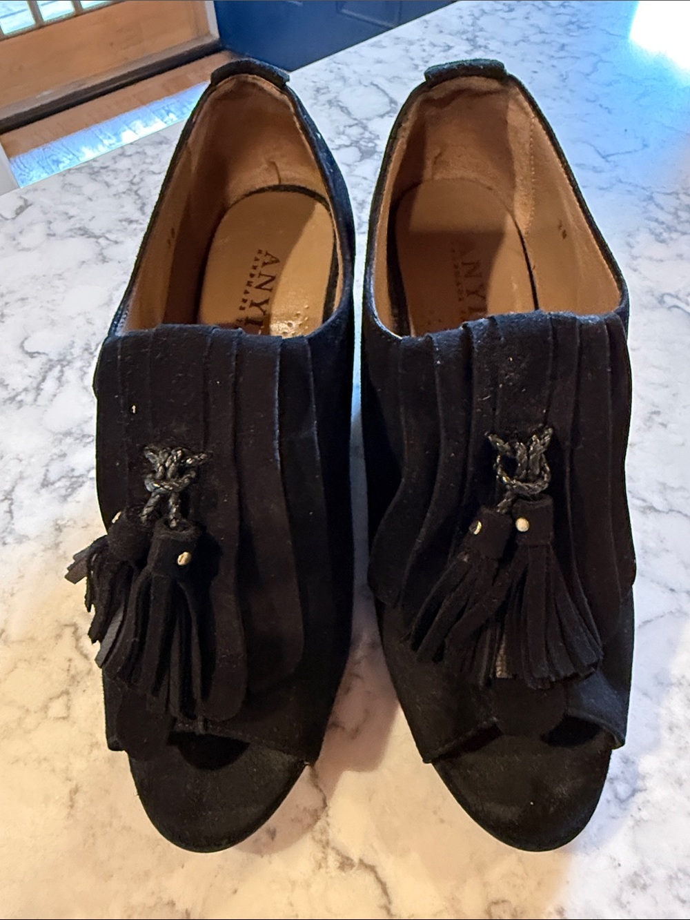 Anyi Lu Black Suede Tassel Peep Toe Wedge